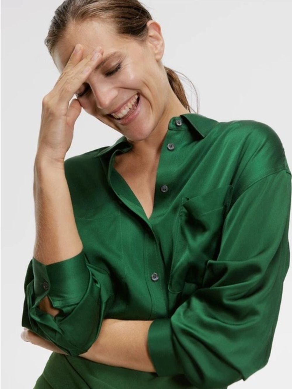 Zara BUTTON UP BLOUSE SHIRT TOP WITH FRONT POCKETS GREEN COLOR SIZE S